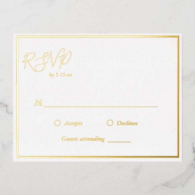 Elegante postal de Relieve metalizado dorado RSVP  (Anverso)