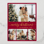 Elegante postal de vacaciones de clase Relieve met<br><div class="desc">Elegante caligrafía Relieve metalizado dorado Minimalista Guión rojo 4 Collage de fotos Feliz tarjeta navideña. Esta plantilla festiva de cuatro (4) fotos de tarjetas navideñas, mimánica, festividad, muestra un collage de fotos de bonito y dice "¡Feliz Navidad!". El texto de bienvenida de "Feliz Navidad" está escrito en un hermoso tipo...</div>