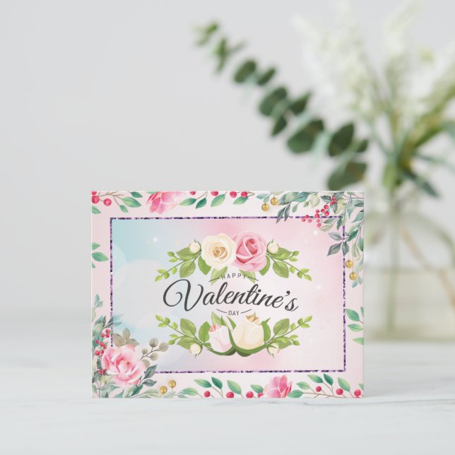 Elegante postal El día de San Valentín floral rosa (Anverso de pie)
