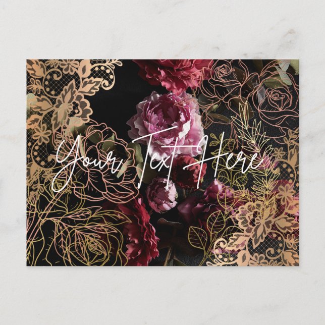 Elegante postal floral Rosas de cuero negro oro (Anverso)
