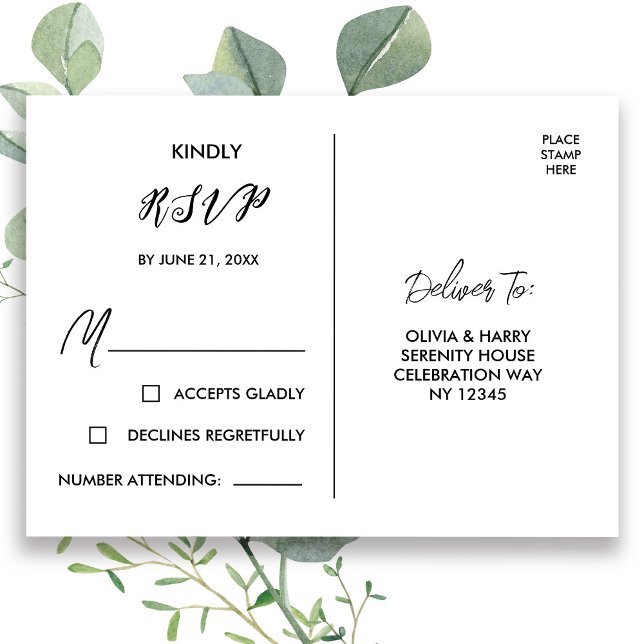 Elegante postal RSVP | Blanco negro (Stylishly Personalize with Your Custom Date & Deliver To Address.)