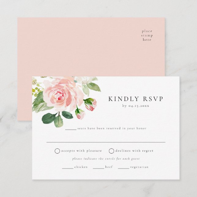 Elegante postal RSVP de Rubor Floral Meal Choice (Anverso / Reverso)