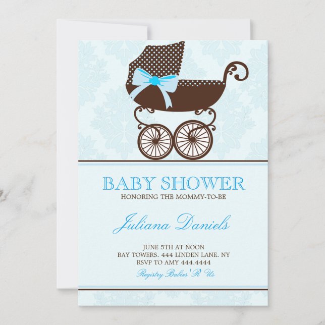Elegante Pram Boy Baby Invitaciones (Anverso)