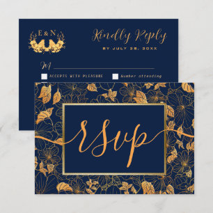 Elegante Precioso Oro Hojas Azul Marino RSVP