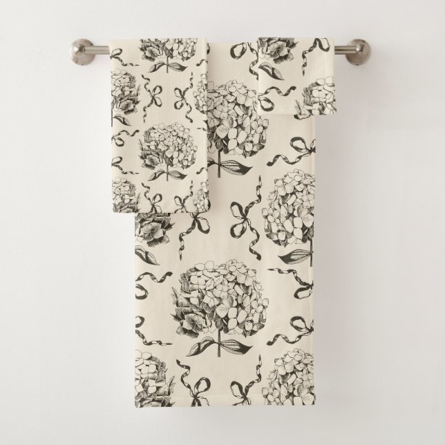 Elegante Preppy Hydrangea Bow Beige Toile Pattern (In situ)