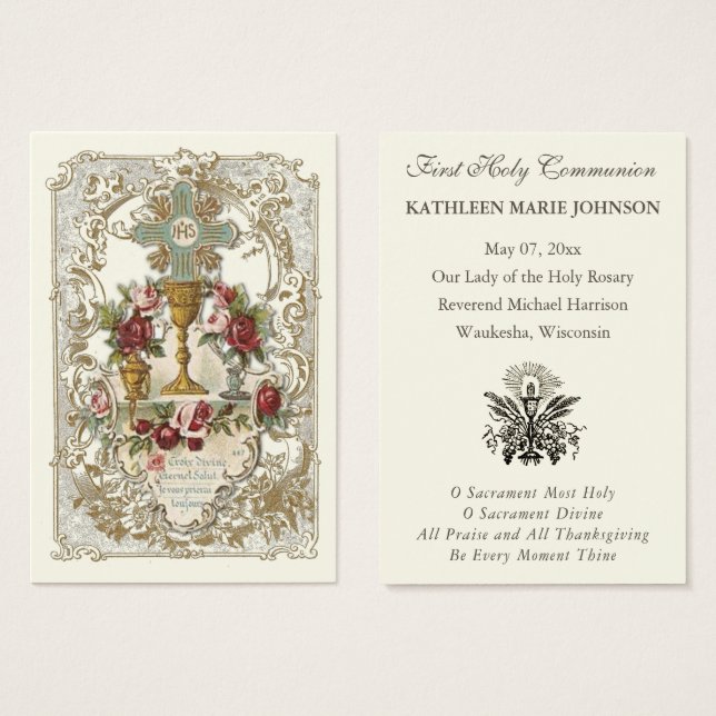 Elegante Primer Recuerdo de la Santa Comunión (Anverso y reverso)
