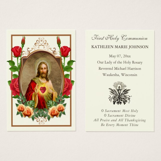 Elegante Primer Recuerdo de la Santa Comunión (Anverso y reverso)