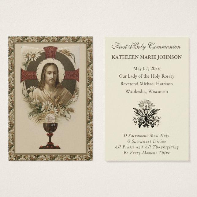 Elegante Primera Comunión Recuerdo Santa (Anverso y reverso)
