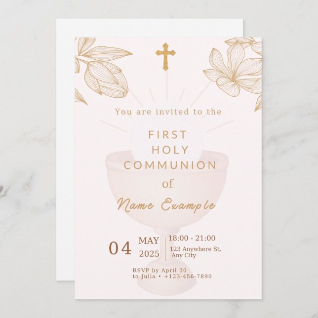 Elegante Primera Invitación de la Santa Comunión (Anverso / Reverso)