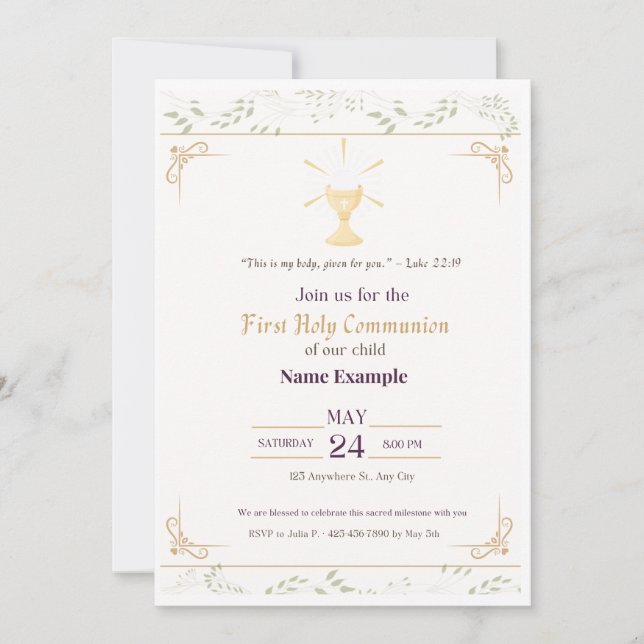 Elegante Primera Invitación de la Santa Comunión | (Anverso)