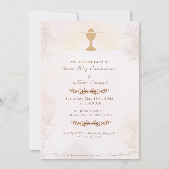 Elegante Primera Invitación de la Santa Comunión | (Anverso)