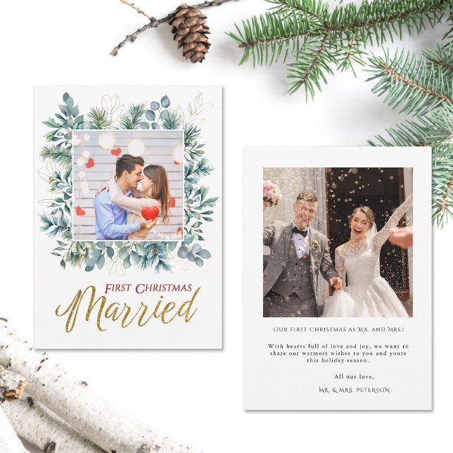 Elegante primera Navidad casados recién casados 2  (elegant first christmas married holidays christmas card two photos gold calligraphy modern botanical)