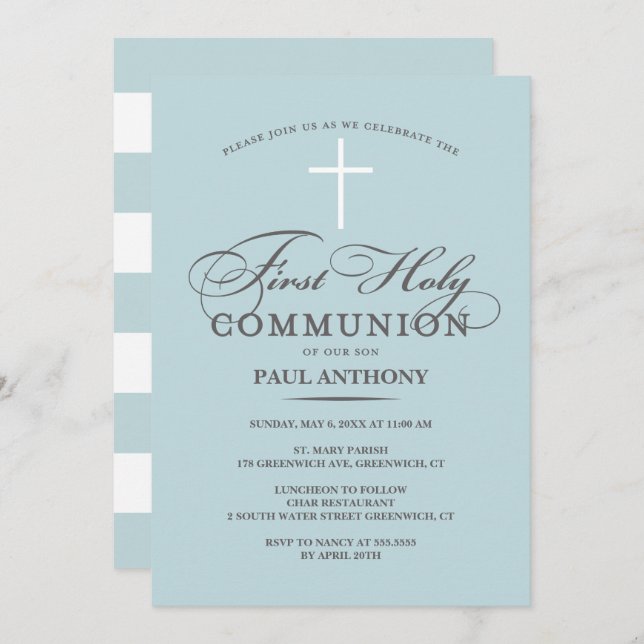 Elegante Primera Santa Comunión Invitación Luz Azu (Anverso / Reverso)