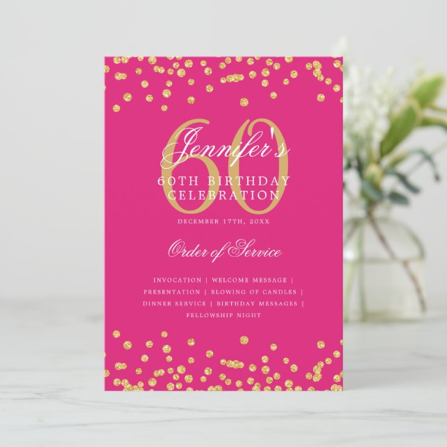 Elegante Programa 60 cumpleaños Menú Dorado Rosa c (Anverso de pie)