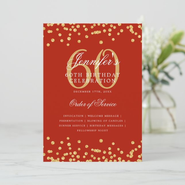 Elegante programa 60th Birthday Menú Gold Red (Anverso de pie)
