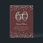 Elegante programa 60th Birthday Menú Plata Borgoña<br><div class="desc">Elegante diseño de "Programa de Fiesta de Cumpleaños" con confetti falso purpurina y texto personalizado.</div>