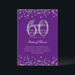 Elegante programa 60th Birthday Menú Plata Púrpura<br><div class="desc">Elegante diseño de "Programa de Fiesta de Cumpleaños" con confetti falso purpurina y texto personalizado.</div>