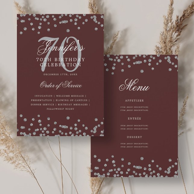 Elegante programa 70th Birthday Menú Plata Borgoña (Elegant 70th Birthday Program Menu Silver Burgundy)