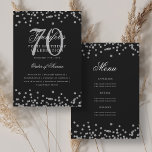 Elegante programa 70th Birthday Menú Plata Negro<br><div class="desc">Elegante diseño de "Programa de Fiesta de Cumpleaños" con confetti falso purpurina y texto personalizado.</div>