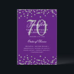 Elegante programa 70th Birthday Menú Plata Púrpura<br><div class="desc">Elegante diseño de "Programa de Fiesta de Cumpleaños" con confetti falso purpurina y texto personalizado.</div>