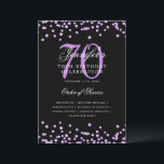 Elegante programa 70th Birthday Menú Purple Black<br><div class="desc">Elegante diseño de "Programa de Fiesta de Cumpleaños" con confetti falso purpurina y texto personalizado.</div>