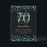 Elegante programa 70th Birthday Menú Verde azulado<br><div class="desc">Elegante diseño de "Programa de Fiesta de Cumpleaños" con confetti falso purpurina y texto personalizado.</div>