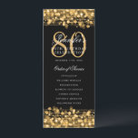 Elegante Programa 80th Birthday Menú de oro Gracia<br><div class="desc">Elegante diseño "Programa de Fiesta de Cumpleaños" con Sparkles & String Lights in Gold con texto personalizado.</div>