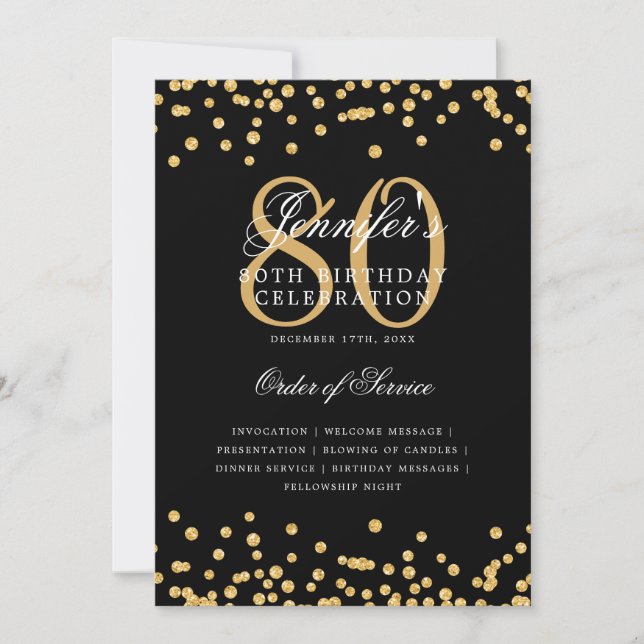 Elegante programa 80th Birthday Menú Gold Black (Anverso)