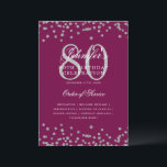 Elegante programa 80th Birthday Menú Silver Magent<br><div class="desc">Elegante diseño de "Programa de Fiesta de Cumpleaños" con confetti falso purpurina y texto personalizado.</div>