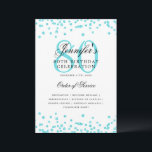 Elegante programa 80th Birthday Menú Turquoise<br><div class="desc">Elegante diseño de "Programa de Fiesta de Cumpleaños" con confetti falso purpurina y texto personalizado.</div>