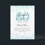 Elegante programa 80th Birthday Menú Turquoise<br><div class="desc">Elegante diseño de "Programa de Fiesta de Cumpleaños" con confetti falso purpurina y texto personalizado.</div>