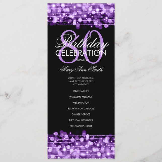 Elegante programa 80th Birthday Party Menu Purple (Anverso)