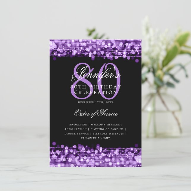 Elegante programa 80th Birthday Party Menu Purple (Anverso de pie)