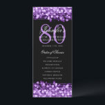 Elegante programa 80th Birthday Party Menu Purple<br><div class="desc">Elegante diseño de "Programa de Fiesta de Cumpleaños" con Sparkles & String Lights en Purple con texto personalizado.</div>