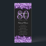Elegante programa 80th Birthday Party Menu Purple<br><div class="desc">Elegante diseño de "Programa de Fiesta de Cumpleaños" con Sparkles & String Lights en Purple con texto personalizado.</div>