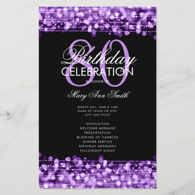 Elegante programa 80th Birthday Party Menu Purple (Anverso)