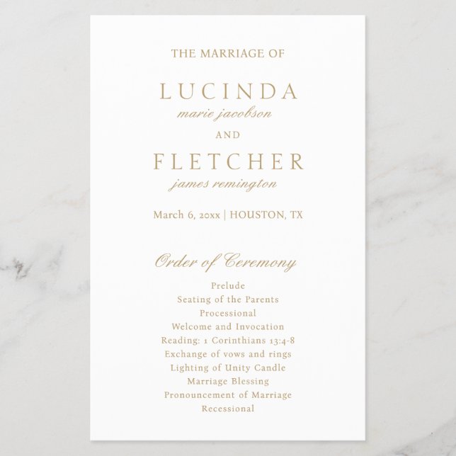 Elegante programa clásico de bodas formales de oro (Frente)