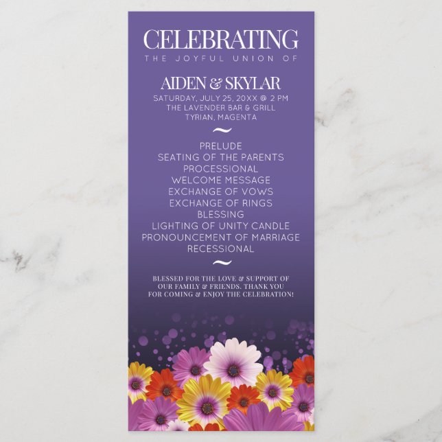 Elegante programa Daisies Purpurina Purple Wedding (Anverso)