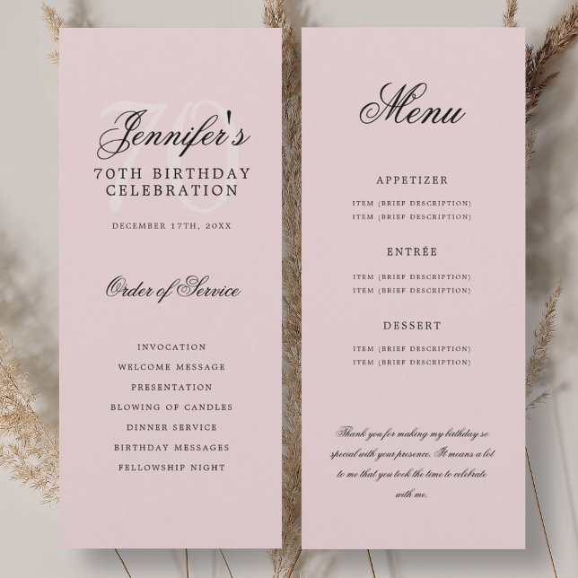 Elegante programa de 70 años con menú rosa sonrosa (Elegant 70th Program Blush Pink Menu+Thank You)