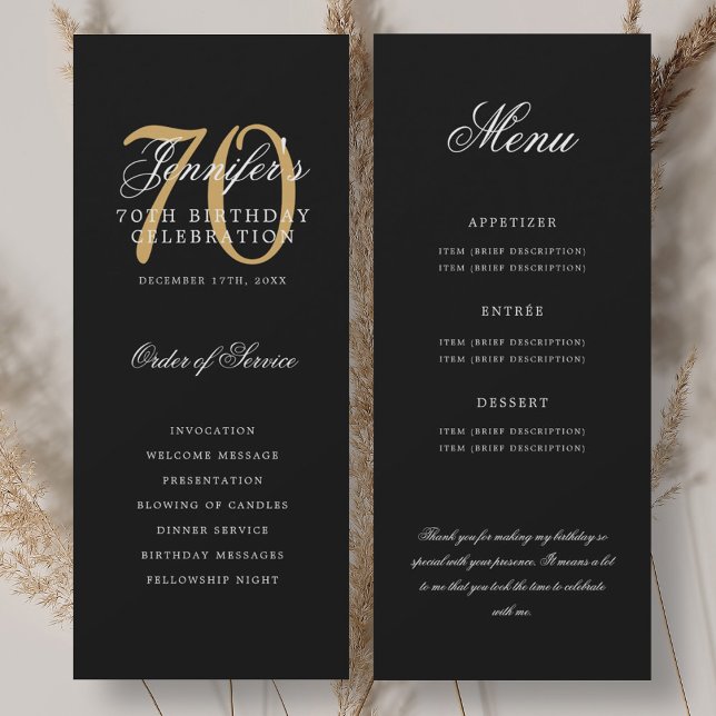 Elegante programa de 70 años dorado y negro Menú+G (Elegant 70th Program Gold Black Menu+Thank You)