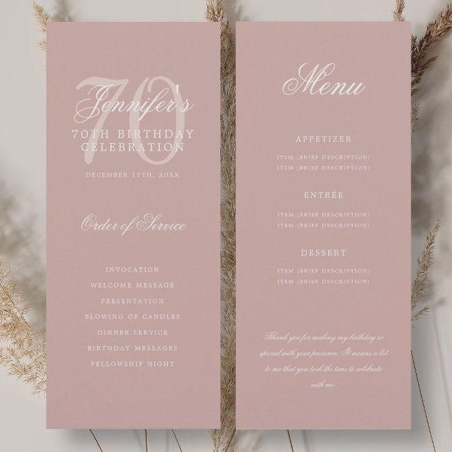Elegante programa de 70 años Dusty Rose Menú+Agrad (Elegant 70th Program Dusty Rose Menu+Thank You)