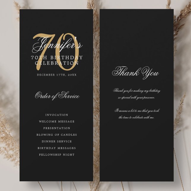 Elegante programa de 70 cumpleaños agradecimiento  (Elegant 70th Birthday Program Gold Black Thank You)