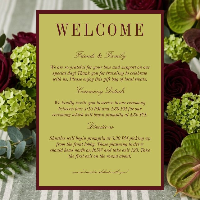 Elegante Programa de Bienvenida de Boda Chartreuse (Elegant Chartreuse Burgundy Wedding Welcome Program)