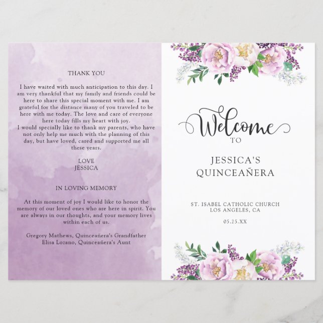 Elegante programa de bienvenida de Quinceañera con (Anverso)