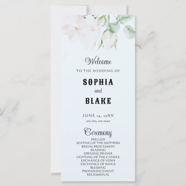 Elegante programa de boda azul de rosas romanticas (Anverso)