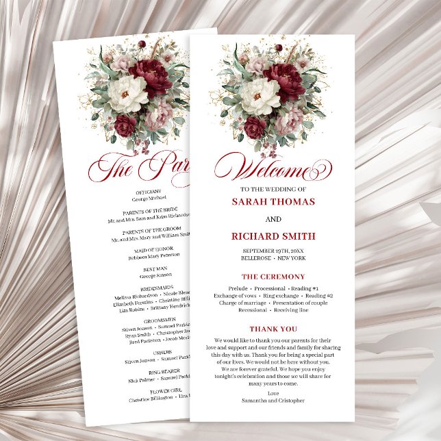 Elegante Programa de Boda Burgundy con Rubor Dorad (Elegant Gold Blush Burgundy Wedding Program)