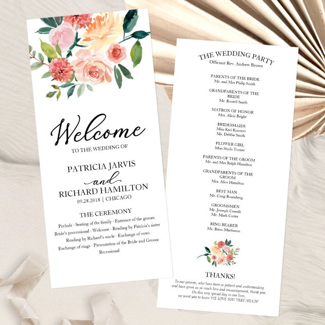 Elegante Programa de Boda con Acuarela Floral 4x9 (Subido por el creador)