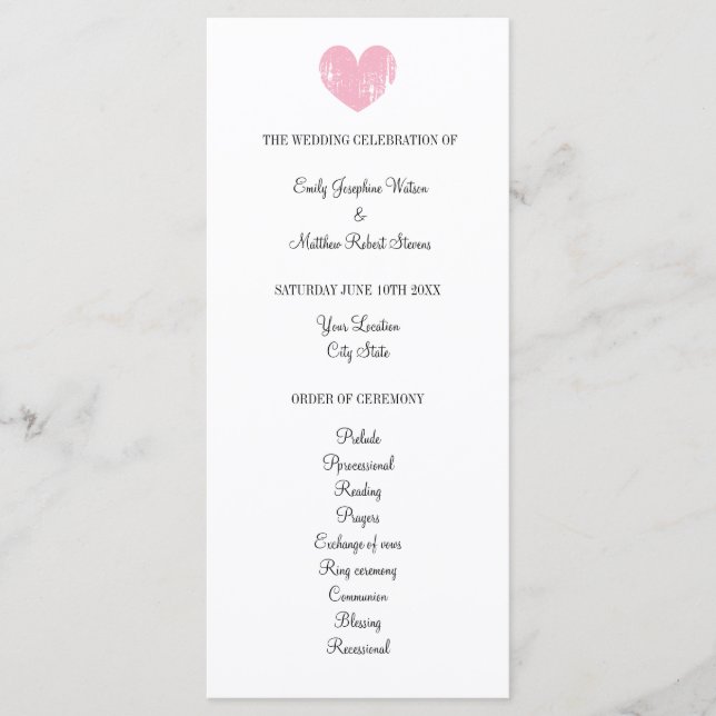 Elegante programa de boda con corazón rosa rústico (Anverso)