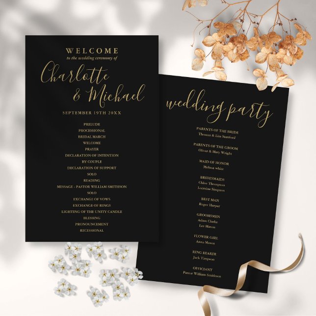 Elegante programa de boda con escritura en negro y (Elegant Black And Gold Script Wedding Program)