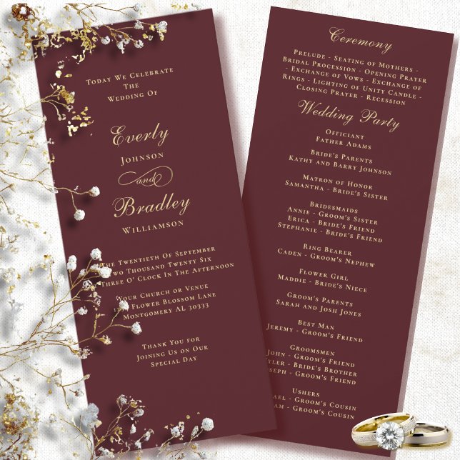 Elegante programa de boda con fondo burgundy dorad (Subido por el creador)